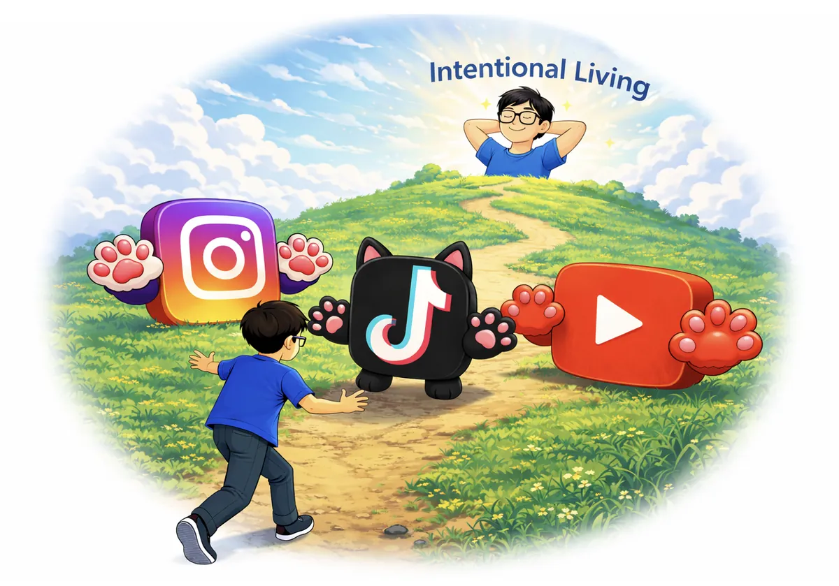 Illustration of social media distractions pulling attention away.